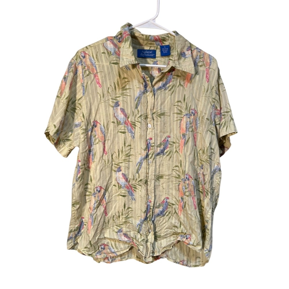 Natural Reflections Womens Size XL Button Down Shirt Light Green Tropical Parrot